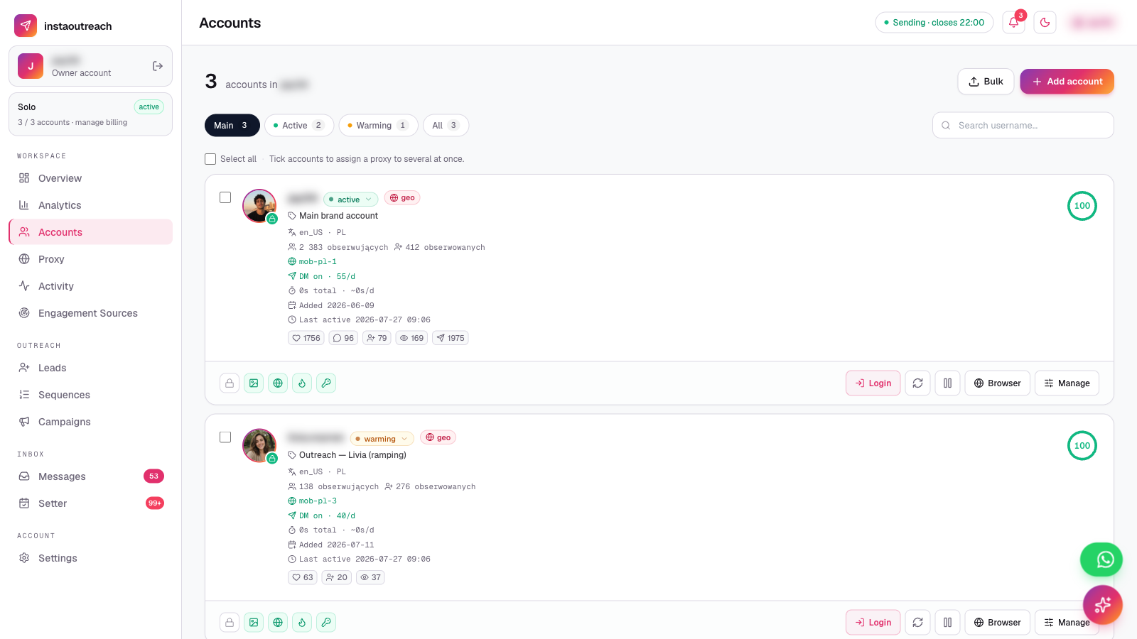 InstaOutreach accounts view: per-account health scores, warmup status, daily DM limits and assigned mobile proxies
